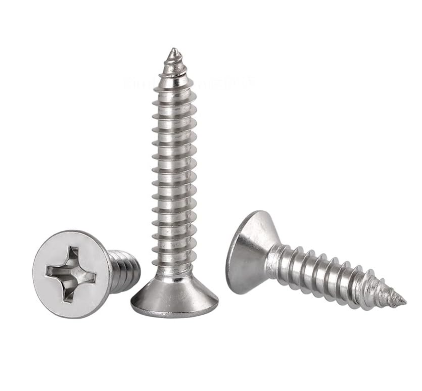 FandWay 125Pcs Self Tapping Screws 304 Stainless Steel,M4 Wood Screws Assortment,Flat Head Self Drilling Screw,Countersunk Head Sheet Metal Screw Phillips Drive for DIY WoodWork Repairs.