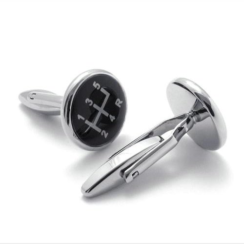 2pcs 5 Speed Sport CAR Manual Stick Shifter Shirts Men's Cufflinks, Black Silver, 1 Pair Set