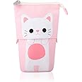 iSuperb Standing Pencil Pouch Pencil Case Cute Cat Telescopic with Zipper Canvas Kwaii Cartoon Pencil Bag Stationery Box for Kids Girls Boys School Supplies 7.5 x 4.9 x 3.0inch/4.1x 3.0inch