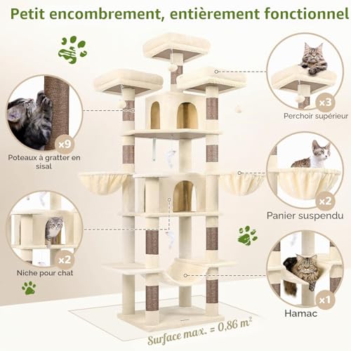 Globlazer Large Beige Cat Tree XXL Height 204 cm with 3 Padded Perches, 2 Kennels, 2 Baskets, Hammock, Stable Cat Tower for 3-5 Adult Cats Rest Play Scratching (F80, Beige)