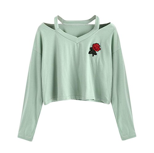 HTHJSCO Teen Sweater, Women's Juniors Hollow Shoulder Sweatshirt Rose Causal Tops Blouse (Green, M)