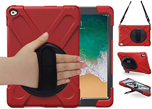 iPad Air 2 Case A1566 A1567 Model 2014 with Rotating Stand Handle Strap | Drop-Proof Rugged Protective Cover Case for iPad Air 2nd Generation for Kids, Red