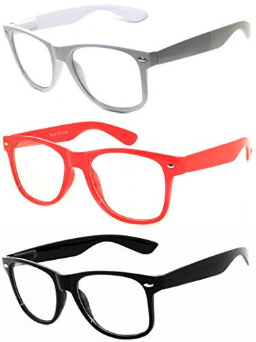 OWL - 80s Style Glasses for Women and Men - Clear Lens - White + Red + Black (3 Pack)