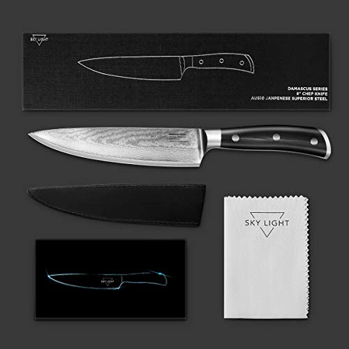 Damascus Chef Knife, 8-inch Kitchen Knife, AUS10V Japanese High Carbon Stainless Steel with Razor Sharp Blade/Gift Sheath/Gift Box Included