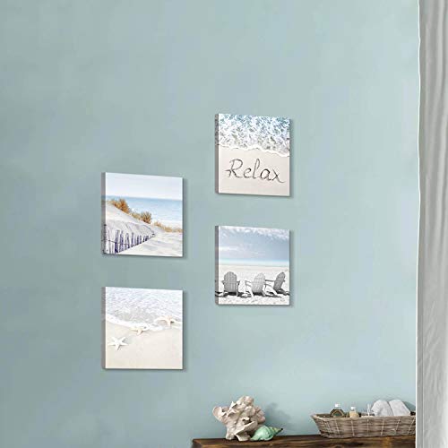 Coastal Artwork Beach Wall Art: Starfish & Chairs on Sand Painting with Word Picture on Canvas for Living Room (12” x 12…
