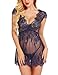 klier Women Sexy Lingerie Eyelash Lace Chemise Babydoll Nightwear Set Sleepwear Sheer Nightgown (S, Navy Blue)