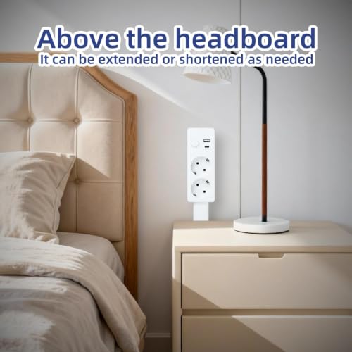 180° Swivel Extendable Power Strip 45-71 cm with 2 Outlets USB-A and USB-C, Extension Plug for Bedside, Desk, Sofa and Office