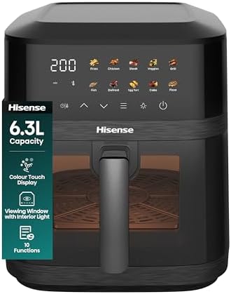 Hisense 6.3L Air Fryer - 1800W Energy-Saving Colour Touch Display Cooker with 10 Cooking Functions - Fries, Chicken, Steak, Veggies, Grill, Fish, Defrost, Egg tart, Cake,Pizza
