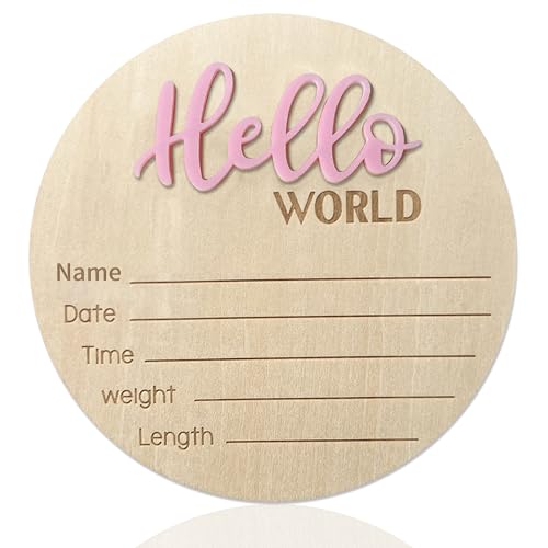 Baby Announcement Sign, ​5.9 Inch Wooden Hello World Newborn Signs, Birth Announcement Sign, Baby Shower Hospital Nursery for Newborn Boys and Girls