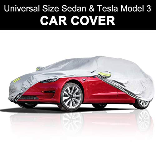 Teexpert Car Cover Waterproof All Weather Vehicle Cover for Tesla Model 3 or Universal 3 Layer UV Protection Breathable Dust Proof for Automobiles with Adjustable Buckle Strap Fits 186" to 193" - Thumbnail 7
