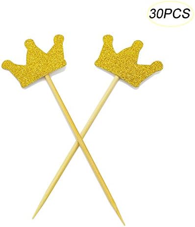 Glitter Gold Tiara Cupcake Toppers for Girls Birthday Party Table Decoration Pack of 30