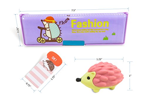 Kawaii Hedgehog Double-Sided Soft Pen Pencil Case with Page Markers Stickers (90) and 3 Japanese Mini Puzzle Erasers (Perfect 5 Piece Set for Kids)