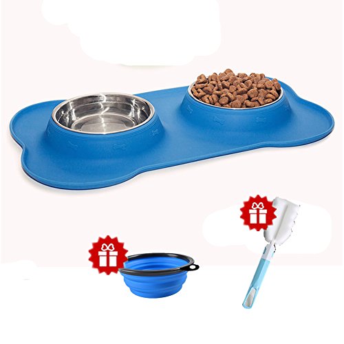 Joyous Journey Stainless Steel Double Feeder Bowl, Water & Food Bowls in Non-Skid & No Spill Silicone Tray & Mat, Bone Shape Bowls for Dogs & Cats (Blue)
