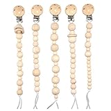 Aolvo 5pcs Baby Pacifier Clip Holder for Unisex Baby with Nature Wooden Teething Beads Nipple Strap Chain Teether Toys Gift for Baby Boy Girls Shower