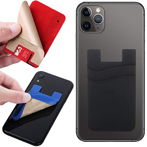 Phone Card Holder Silicone Wallet, Stick-on ID Credit Card Double Pockets for Smartphones iPhone/Android/Samsung Galaxy Black