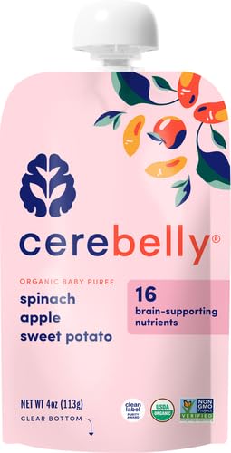 CEREBELLY BABY FOOD POUCHES – ORGANIC VEGGIE PUREES FOR TODDLERS | NO ADDED SUGAR, FIBER, NON-GMO | BLENDED TODDLER POUCHES | 4 OUNCE BPA-FREE POUCH | SPINACH APPLE SWEET POTATO | 1 COUNT