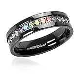 (1) Jet Black Rainbow Super Full String Clear & Rainbow Ring. Gay & Lesbian Pride Stainless Steel Ring. Wedding Marriage or Engagement band CZ Stones. LGBT Pride Jewelry