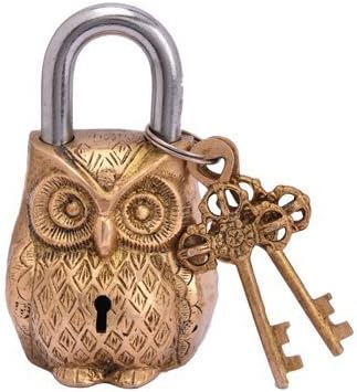 Aone India Handmade Brass Antique Lock with Owl Idol