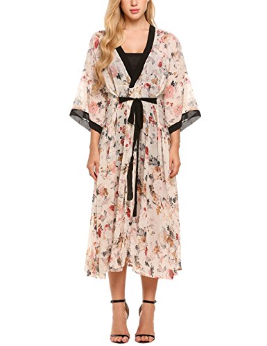 Zeagoo Women's Floral Flowy Kimono Open Front Beach Cover Ups White