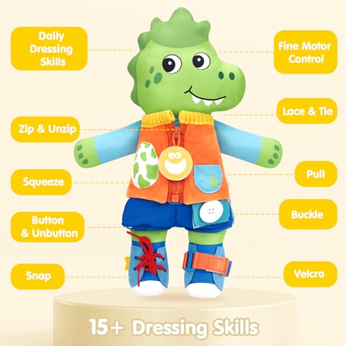 hahaland Montessori Plush Doll, 2 in 1 Dino & Unicorns Plush for Girls 1 2 3 Years Old Interactive Dress Up Toys Gift Boys Girls 2 3 4 Years Old