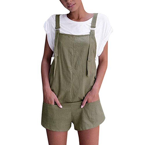 Women's Elastic Waist Jumpsuit Dungarees Linen Cotton Pockets Rompers Playsuit Shorts Pants(Green,M)