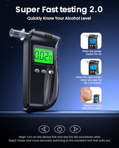 BACZGIF Professional-Grade Accuracy Breathalyzer | Portable Breathalyzers for Alcohol | Alcohol Testers for Personal Use After Drinking | Charging Alcohol Breathalyzer Tester (10 Mouthpieces) (Black)
