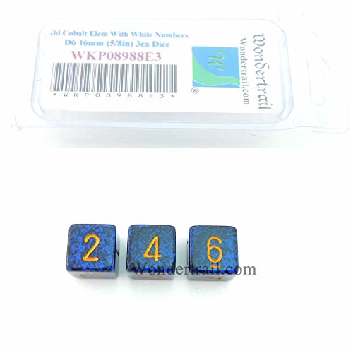 Golden Cobalt Elemental Dice with White Numbers D6 16mm (5/8in) Pack of 3 Wondertrail WKP08988E3