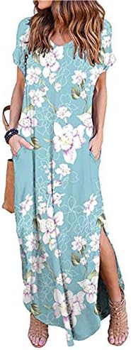 shermie Women Maxi Dress Summer Floral Print Backless Short Sleeve Summer Dresses with Pockets