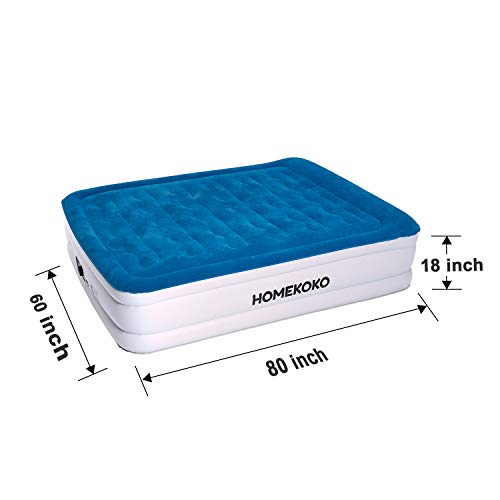HOMEKOKO Queen Air Mattress with Built-in Electric Pump and Pillow, Inflatable Bed Portable Mattress Double High Queen Airbed,Blue