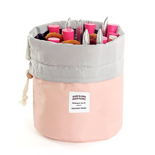 HJSMing Bathroom Folding Bag Travel Barrel Toiletry Bag Large Capacity Storage Organizer Travel Waterproof Portable Cosmetic Bag Bucket Makeup Bag with Pouch (Pink) - Thumbnail 4