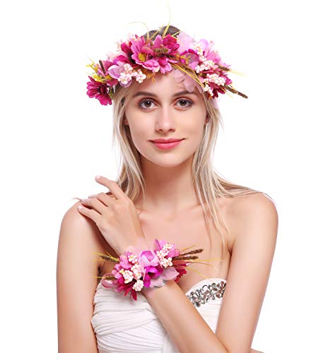 June Bloomy Flower Crown Hair Wreath Maternity Photo Shoot Garland Halo with Wrist Band (D-Purple)