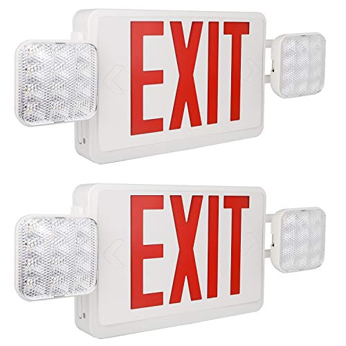 Hykolity Red Exit Sign Double Face LED Combo Emergency Light with Adjustable Two Head and Backup Battery – 2 Pack