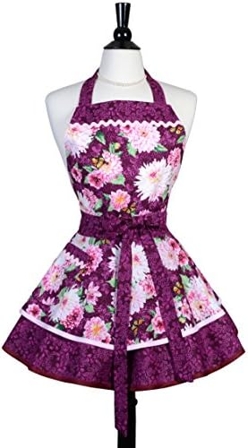 Womens Ruffled Retro Wedding Apron in Pink and Wine Mum Floral - Personalize Option