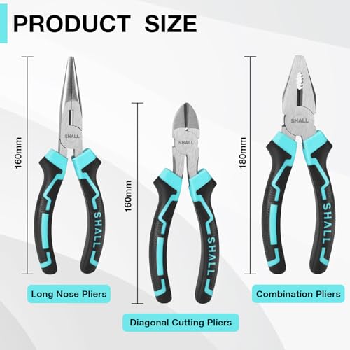 SHALL 3-Piece Pliers Set, 160mm Long Nose Pliers, 160mm Diagonal Cutter Plier, 180mm Combination Plier with Soft Grip - for DIY, Home & Mechanical Repairs