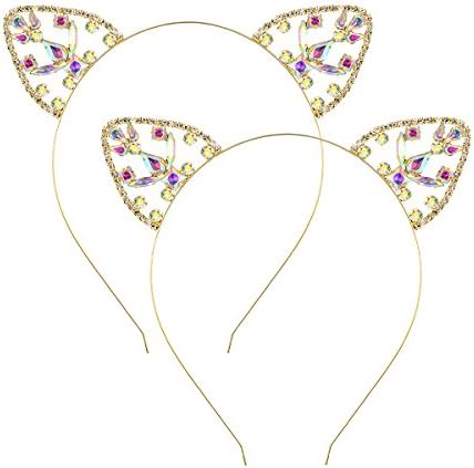DcZeRong 2pcs Crystal Cat Ears Hair Hoop Headband for Women Girls Cat Ears Hair Band Headwear Gold
