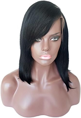 NiceToBuy Glueless Silky Straight Bob Lace Front Wig with Side Bangs Brazilian Virgin Human Hair Wigs for Women 10inch, Natural Color