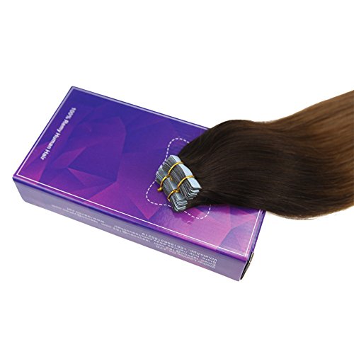 LaaVoo 14" Tape in Balayage Ombre Extensions Color #2 Fading to #5 With Color #18 Highlight Ombre Human Hair Tape Balayage Real Remy Hair Tape Extensions 50gram Per Package - Thumbnail 3