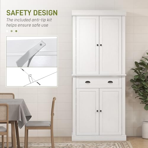 HOMCOM 72" Tall Kitchen Pantry Cabinet, Modern Buffet Storage Cabinet with 4 Recessed Doors, Drawer and Adjustable Shelves, White