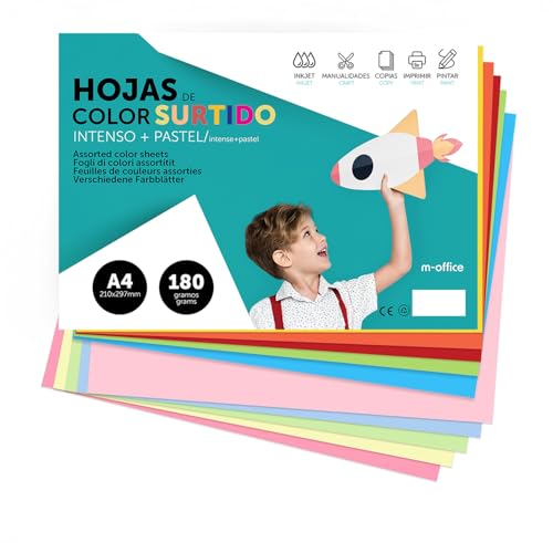 A4 Pastel Colours+Intense Cardstock, 180 g, Crafts, Print, Creative Designs, m-Office (500 Sheets)