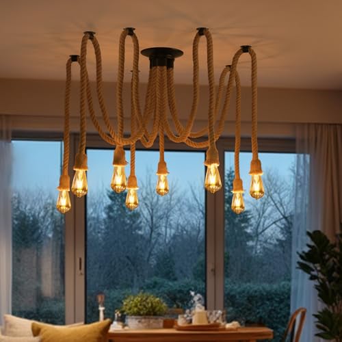 ANWIO Rope Ceiling Lamps, Rustic Ceiling Lamp E27, Rope Ceiling Lamp with 8 Bases, Ideal for Bedroom, Dining Room, Restaurant, Bar, Cafeteria (without Bulbs)