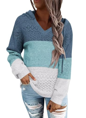 FEKOAFE Women's Cute Color Block V-Neck Pullover Sweaters Fall Winter Long Sleeve Drawstring Hoodies Sweatshirts SBlue S at Amazon