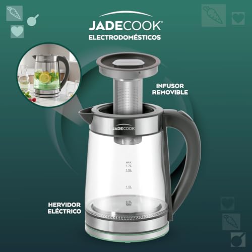 JadeCook | Tetera Eléctrica Hervidor de Agua con Infusor Jade Electro| Jarra de Vidrio de 1.7 Litros | Potencia de 1000w | Base Giratoria | Ideal para Café, Té