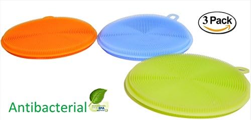 Growthology Products Antibacterial Multipurpose Silicone Dish Scrubber-For Every Dish Need - Opening Jars, Washing Fruit and Vegetables, Heat Insulator, Exfoliating Skin- 3 Pack of Orange, Blue, Green