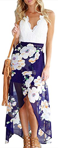 Fancyinn Women V Neck Lace Patchwork Irregular Hem Casual Chiffon