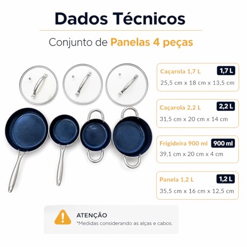 Conjunto de Panelas Antiaderente com Revestimento Cerâmico, Cabo Bifurcado Ergonômico, Fácil de Limpar, Inclui Caçarolas 2,2L e 1,7L, Panela 1,2L e Frigideira 900ml, 4 Peças