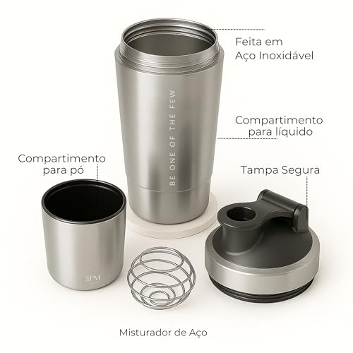 Coqueteleira Aço Inox 600ml com Compartimento Inferior ELLYM NUTRITION Misturador Ideal Shakes (Prata)