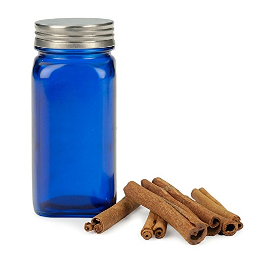 Click Here to See More Images RSVP Square Blue Glass Spice Jar with Brushed Stainless Steel Lid, Set of 12