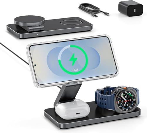 Cargador Inalámbrico 15W para Samsung,3 en 1 Cargador Magsafe,Soporte de Carga Magnética Compatible con Galaxy S26/S25/S24/S23/Z Fold/Flip Serie,Galaxy Watch Ultra/8/7/6/5,Galaxy Buds Pro/3/2(Negro)