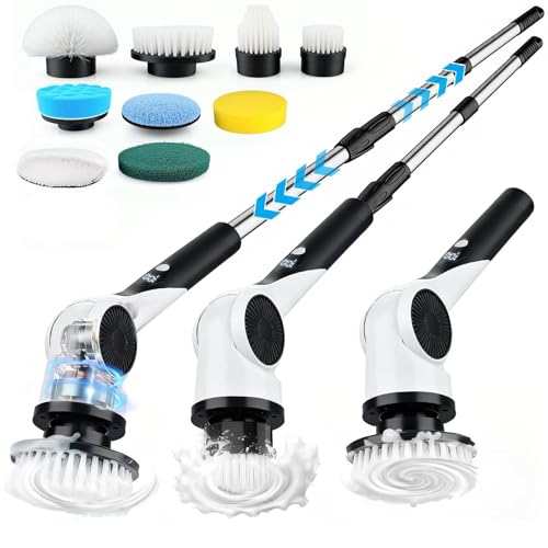 Electric Spin Scrubber, 3-Speed Cordless Shower Scrubber with Long Handle & 10 Replaceable Brush Heads, 90 Mins Runtime & Full-Body IPX7 Waterproof Shower Cleaner Brush for Bathroom Kithchen