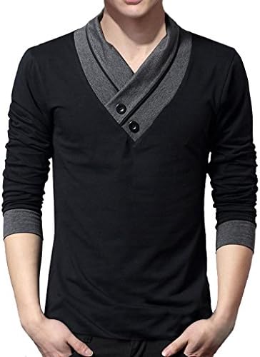 Yinao Men's Shawl Collar T-shirt bottoming Long Sleeve Cotton Shirt Black Small Apparel
